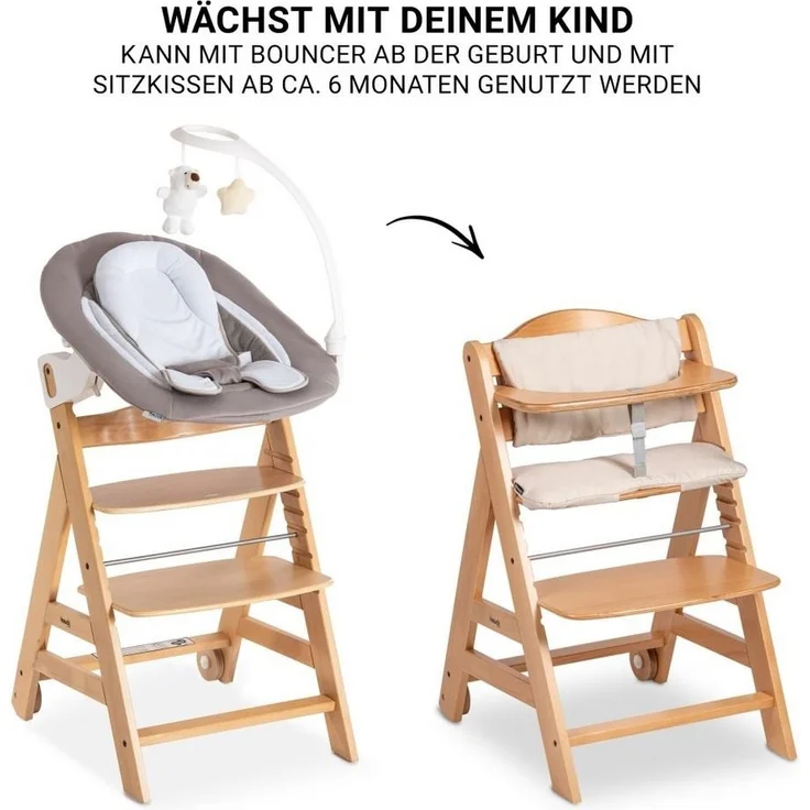 Hauck Hochstuhl Beta Plus Natur - Newborn Set Deluxe, Holz Babystuhl ab Geburt, Aufsatz für Neugeborene, Sitzkissen, Tisch – Bild 3
