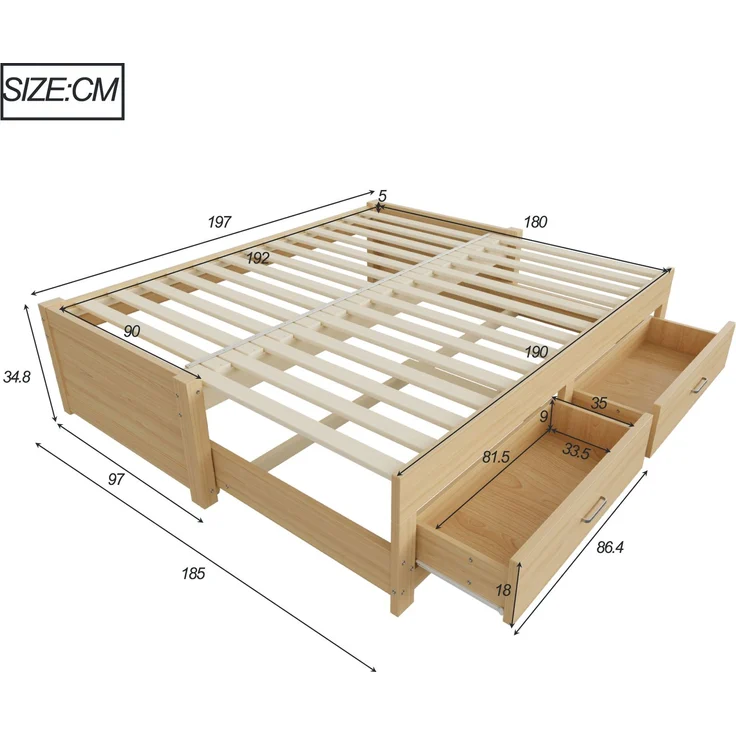 ZUBALIYA Tagesbett 90/180 × 190 cm, Holz, Ausziehbett, Schubladen, Lattenrost, Naturholz – Bild 14