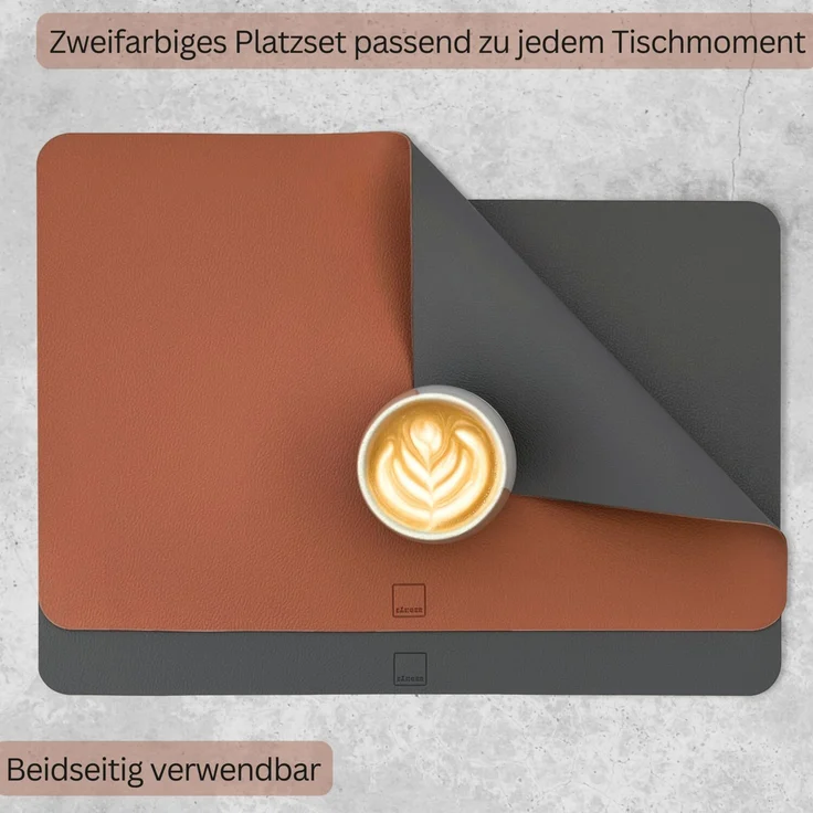 SÄNGER rechteckige Tischsets & Untersetzer aus Kunstleder 12 teilig für 6 Personen, Anthrazit + Braun – Bild 2