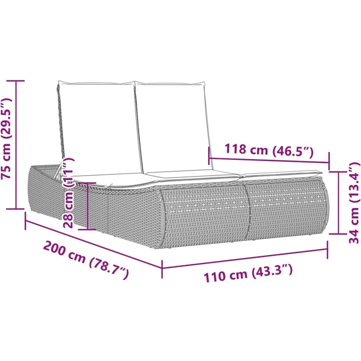 vidaXL Doppel-Sonnenliege mit Kissen Schwarz Poly Rattan 368090 – Bild 9