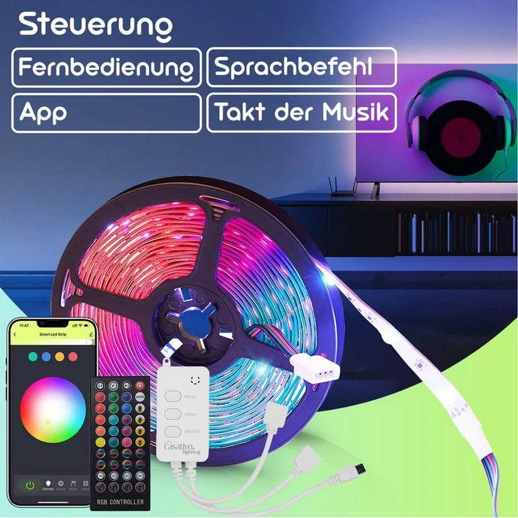 Casativo LED-Streifen 18W LED Streifen 5m WLAN RGB 150 LEDs 16 Mio. Farben Fernbedienung App, 30 LEDs/m, kürzbar, selbstklebend, Smart-Life & Tuya kompatibel – Bild 4