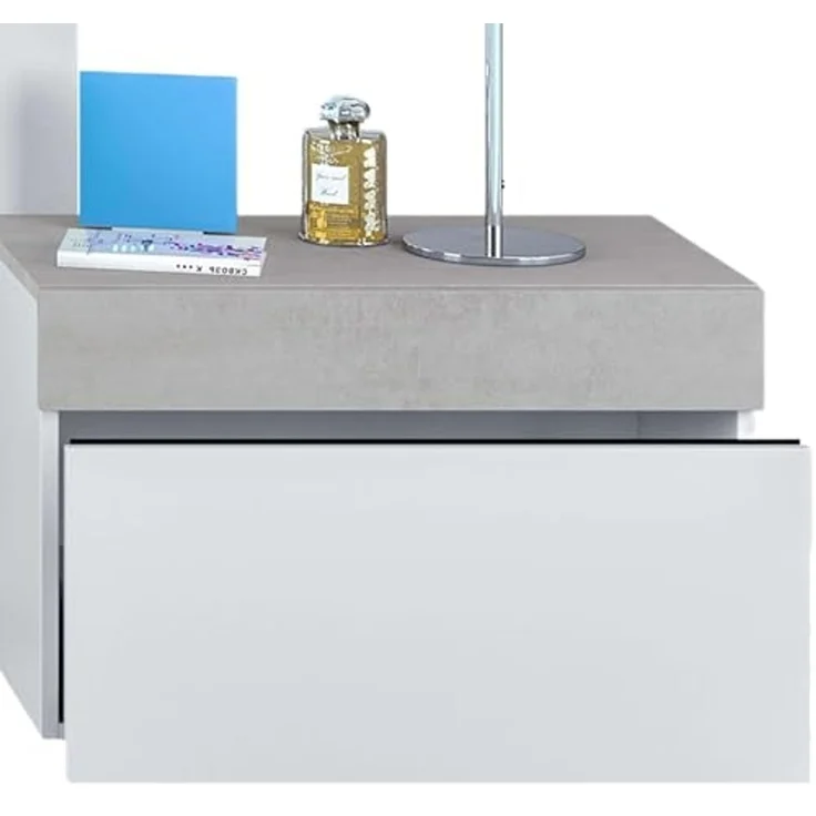 Habitdesign, modernes Kopfteil mit 2 Beistelltischen – Schlafzimmer-Set für Doppelbett in Artik weiß & Zementgrau, viel Stauraum, Maße: 298 x 96,5 x 40 cm (B x H x T), Modell Tekkan – Bild 3