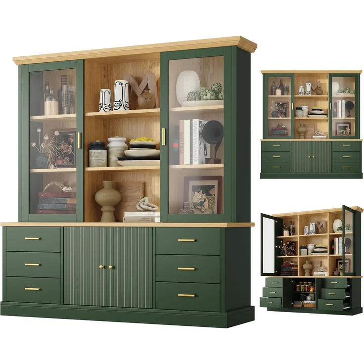 Hochschrank mit Glasvitrinen, 6 Schubladen & verstellbaren Böden, 140x40x185 cm, Grün – Bild 5