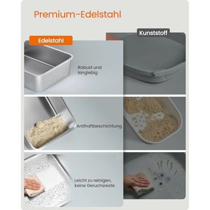 Feandrea Katzenklo Edelstahl, mit Deckel, Schaufel, Katzenstreumatte | Katzentoilette, mit 2 Eingängen, für Katzen bis 15 kg, Schiefergrau, BOXAL Kollektion PPT007GN01 – Bild 3