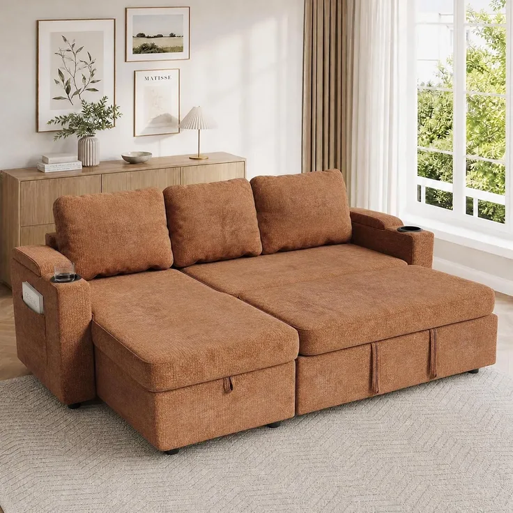 JUMMICO Schlafsofa mit Schlaffunktion 3-Sitzer mit Stauraum,Terrakotta | Schlafsofa mit Bettkasten L‑Form Ecksofa Ausziehbares Chenille Schlafcouch Kleines für Wohnung und Wohnzimmer