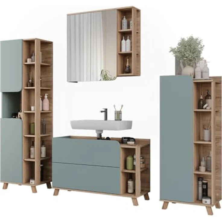 Vichy Badmöbelset Karen, Sonoma/Blau, 4 Teile mit modernem Design und geräumigem Stauraum – Bild 6