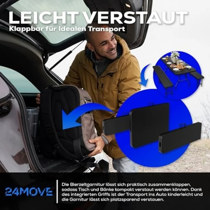 24Move Gartentisch Bierzeltgarnitur 3er-Set, Klappbarer Tisch und Bänken im Rattan-Optik (für innen & außen, belastbar bis 150 kg, 3-teilig, mit 2 Sitzbänken und 1 Tisch), Festzeltgarnitur, wetterfest und pflegeleicht – Bild 4