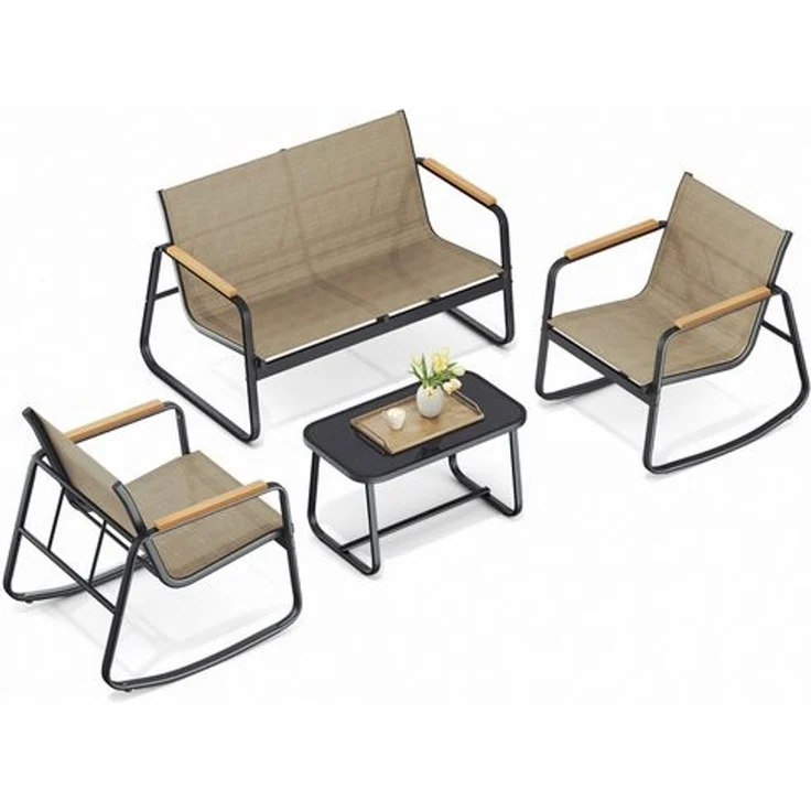 SONGMICS Gartenmöbel-Set, Balkonmöbel, 2 Schaukelstühle mit Tisch, Bank, Stahl, mit Armlehnen, atmungsaktiv, braun – Bild 2