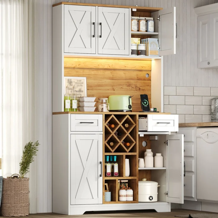 Küchenschrank, hoher Stauraumschrank mit LED-Beleuchtung, Vorratsschrank mit Weinregalen, Weinschrank & Vitrinenschrank für Wohnzimmer und Esszimmer, 180 × 105 × 40 cm--Natur + Weiß2--105x40x180cm--YOUDENOVA – Bild 7