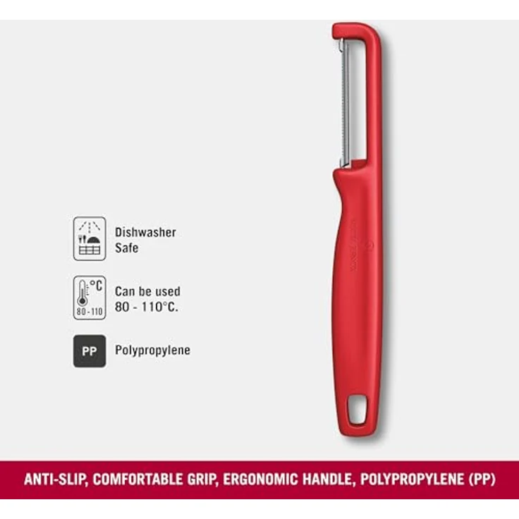 Victorinox Sparschäler "Iota", Schäler für Gemüse, Obst, Zackenschliff, Zweischneidig, Extra Scharf, Swiss Made, rot – Bild 4