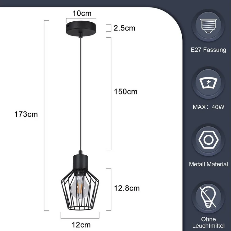 Nettlife Pendelleuchte Retro Schwarz E27 Metallschirm Industrie Stil Hängelampe, ohne Leuchtmittel, Wohnzimmer Küche Schlafzimmer Cafe – Bild 3