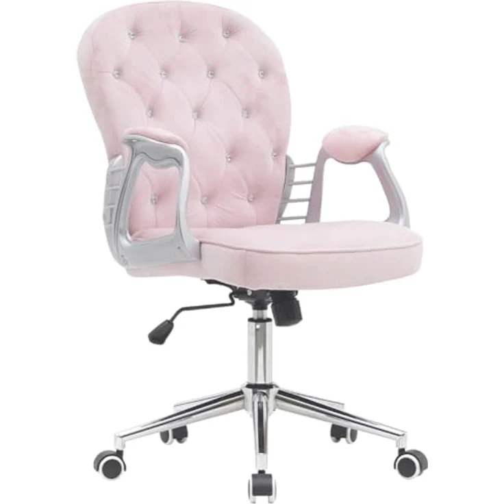 BAKAJI Bürostuhl aus Samt mit extra weicher Polsterung und Shabby-Chic-Textur, ergonomischer Schreibtischstuhl mit Gasdruckhöhenverstellung, 95-105 cm (Rosa) – Bild 1