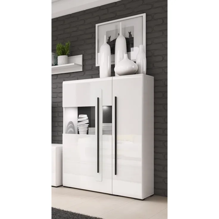 Highboard Vitrine weiß TURDA-83 beleuchtet mit Absetzungen in schwarz, B/H/T: ca. 90/136/39 cm