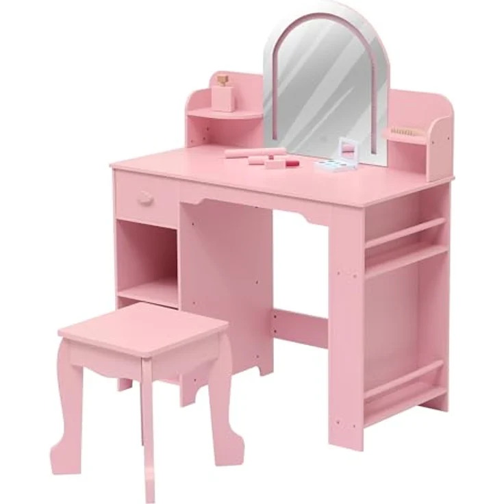 GarveeLife Schminktisch für Kinder mit Hocker und LED-Spiegel, Kleiner Schminktisch mit Schublade und 1 offenen Fächern, für Mädchen von 3 – 6 Jahren, Rosa, inklusive Zubehör – Bild 7