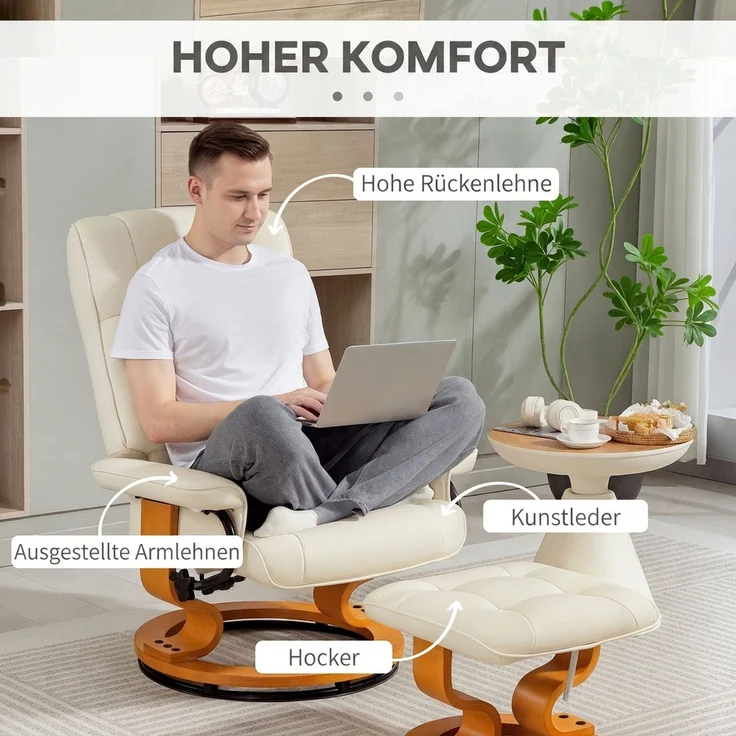 HOMCOM Relaxsessel mit Hocker, Kunstleder, Holz, Cremeweiß, 76L x 85B x 104H cm – Bild 6