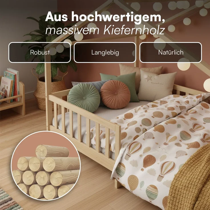 Bellabino 'Bia' Hausbett 140x200 cm mit Matratze, natur, Kiefer Massivholz, Montessori Kinderbett mit Rausfallschutz und Lattenrost – Bild 5