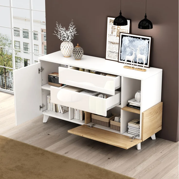 DESVIAE Sideboard mit 2 Schubladen und Klapptür, 130x70x40 cm, Spanplatte, Weiß Hochglanz/Helle Eiche – Bild 3