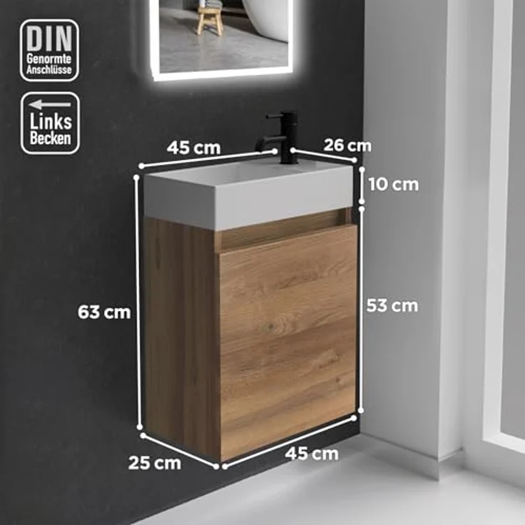 Alpenberger Badmöbel-Set Gäste WC Waschbecken mit Unterschrank - Badschrank Hängend, (Waschbeckenunterschrank mit Softclose, 2-tlg. Waschtisch Set Bamboo), Waschplätze für Kleine Bäder - Badschrank Hängend und Vormontiert – Bild 7