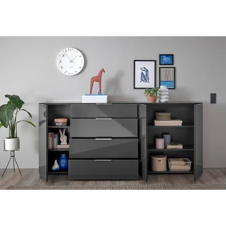 Stella Trading Sideboard Kommode SANTORIN Anthrazit mit Glasfront, Schrank Korpus in Anthrazit mit Oberboden in Glas und Schubladen für Ihren Wohnbereich - 226 x 99 x 40 cm (B/H/T) – Bild 7