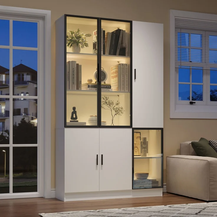 N625P3142394041W,Glasvitrine Glasschrank Tür 200cm hoch Vitrinenschrank mit LED Lichtern,MultiStorage Bücherregal für Sammlung Schlafzimmer Wohnzimmer Büro,Schrank mit Glastür mit Aluminiumrahmen – Bild 3