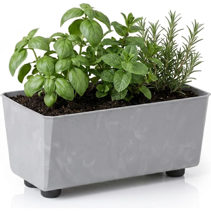 LAMELA Rechteckiger Pflanzkasten mit eleganten Füßen – Grauer Blumenkübel in Betonoptik aus robustem Kunststoff 28,5x17 cm, 4,2L – Wetterfest & Pflegeleicht - für Innen & Außen