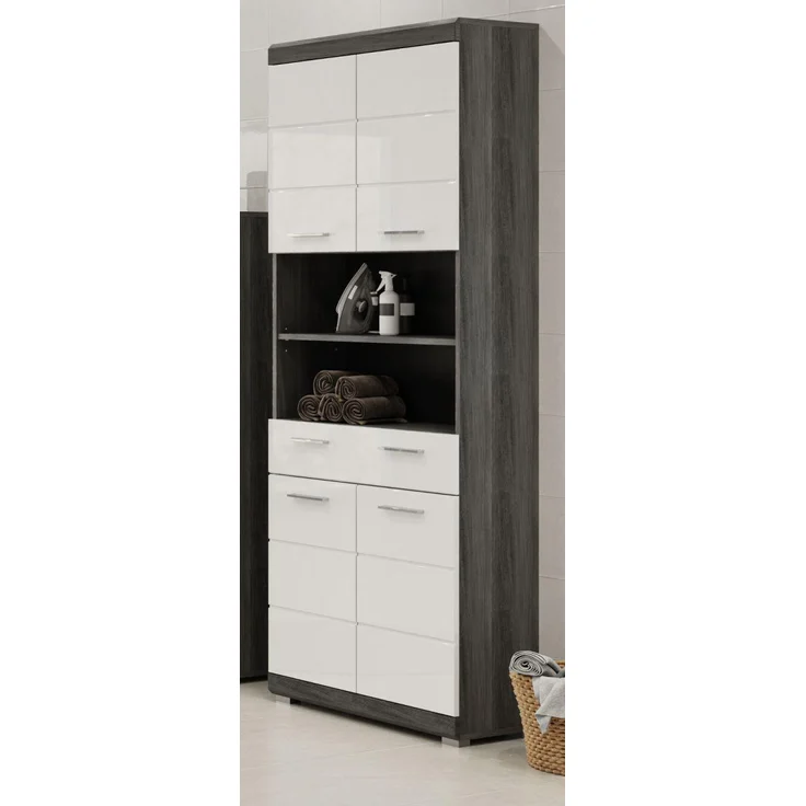 Badezimmer Hochschrank Shawn in weiß Hochglanz und Rauchsilber grau 74 x 191 cm – Bild 1