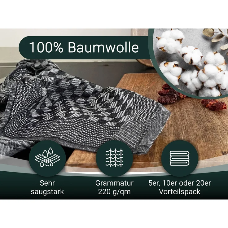 ZOLLNER 5er Set Geschirrtücher, 100% Baumwolle, 46x70 cm, saugstark, schwarz kariert – Bild 2