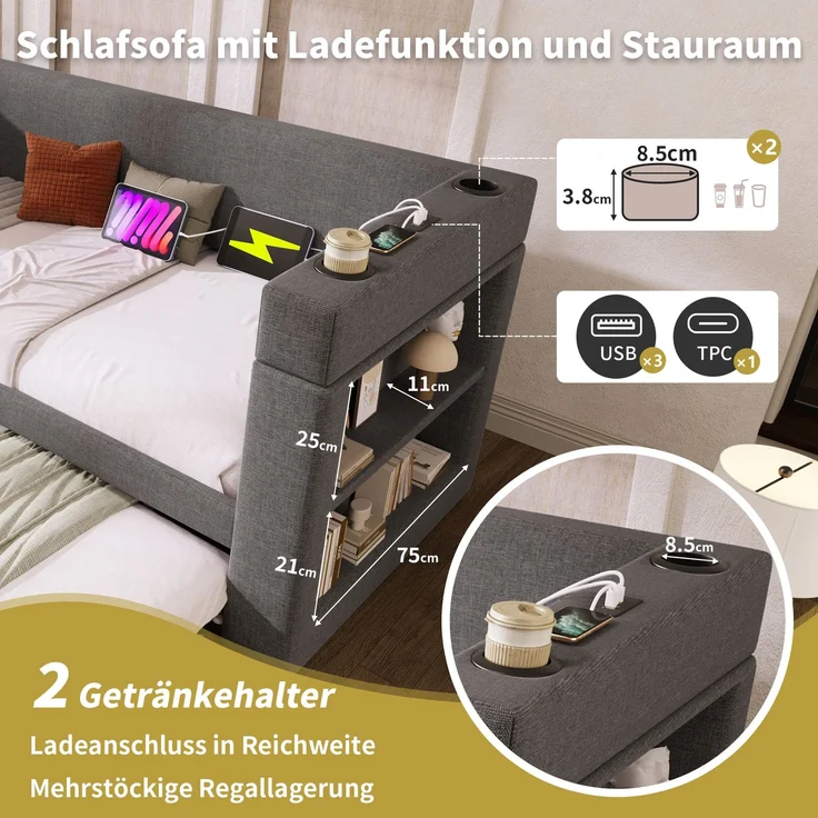 Polstertes Daybett 90x190 cm, Einzelbett Schlafsofa mit Ausziehbett, Armlehnen mit USB- & Type-C-Ladeanschluss und Getränkehalter, Leinen-Mischgewebe, Grau, ohne Matratze – Bild 3