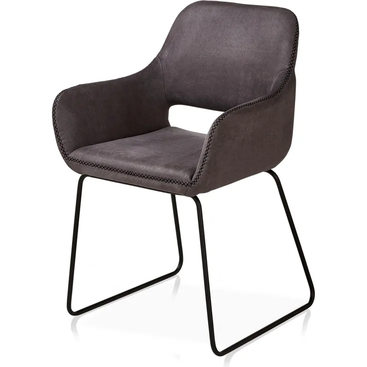 KHG Esszimmerstuhl Polsterstuhl mit Armlehnen Grau Industrial Look - Kufenstuhl Armlehnstuhl (BHT) 56 x 82 x 59 cm - Mikrofaser in Lederoptik perfekt für Esszimmer Küche Büro