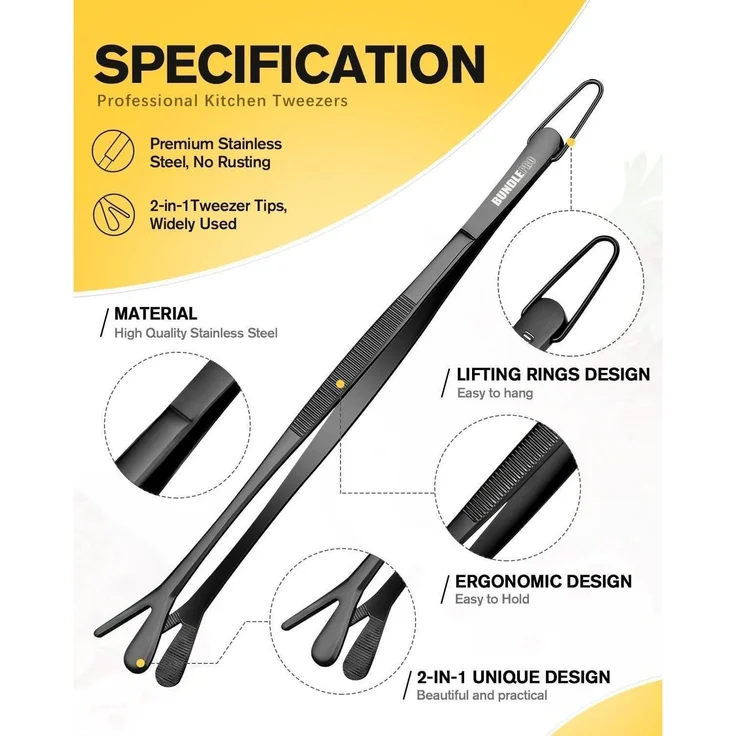 Doppelspitze Kochpinzette 2-in-1 Profi-Edelstahl Küchenpinzette 25.5 cm Schwarz – Bild 2