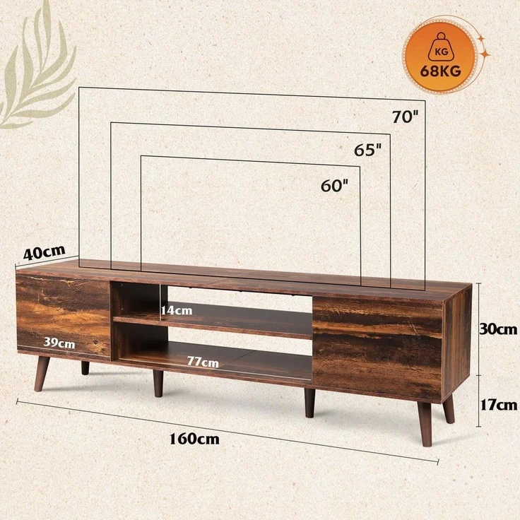 WLIVE TV-Schrank Lowboard mit 2 Türen, Fernsehschrank für Fernseher bis zu 55/60 Zoll, (Packung, 160 cm lang) verstellbare Ablagen, für Wohnzimmer, Schlafzimmer – Bild 2
