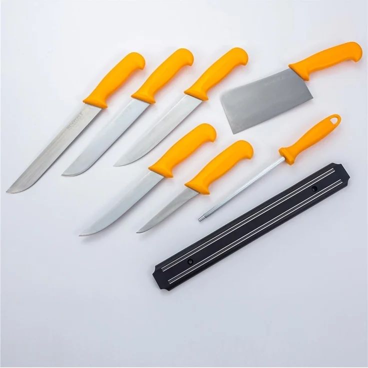 HOOZ Messer-Set Fleischermesser Set 8-teilig Profi Messer mit Magnetleiste & Wetzstahl (8-tlg), 8-teiliges Fleischermesser Set mit Wetzstahl und Magnetleiste – Bild 1