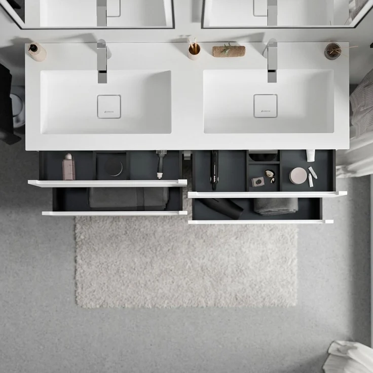 Bernstein Waschbeckenunterschrank VIREO 140cm Weiß matt BRUXELLES Weiß matt Waschtischunterschrank mit Doppelwaschbecken 4 Schubladen – Bild 2