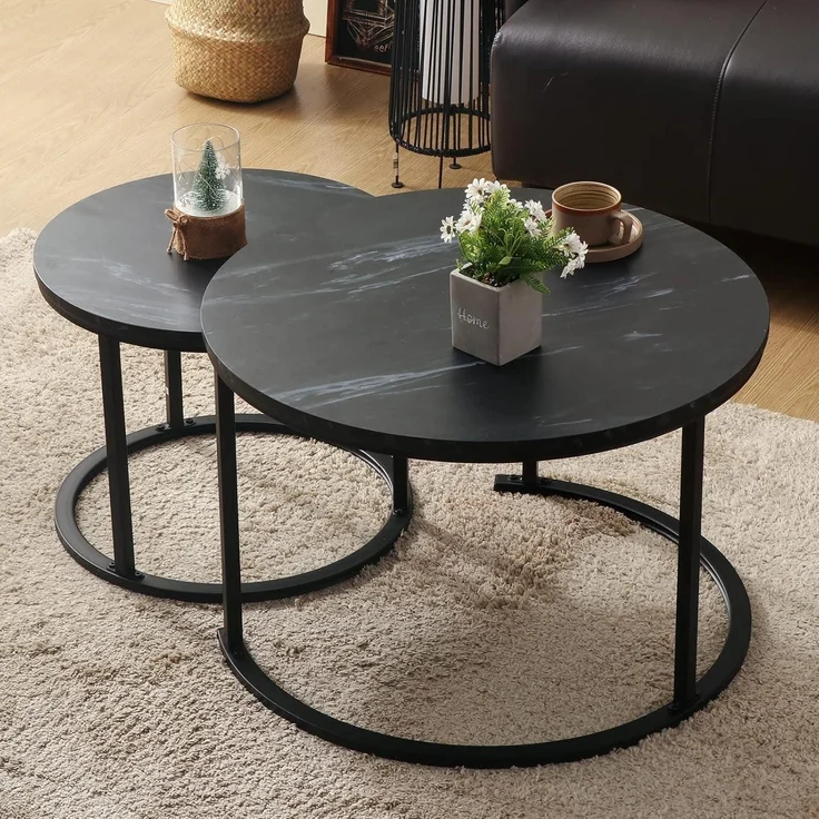 Runder Couchtisch Satztisch 2er Set Schwarz Holz Metallgestell 70x70x45cm