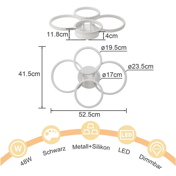 Nettlife LED Deckenleuchte 55cm Dimmbar 4-Ring Schwarz/Weiß,Küchenlampe Modern 48W Fernbedienung, LED fest integriert, Farbwechsler, Wohnzimmerlampe Deckenbeleuchtung für Küche Schlafzimmer Flur – Bild 3