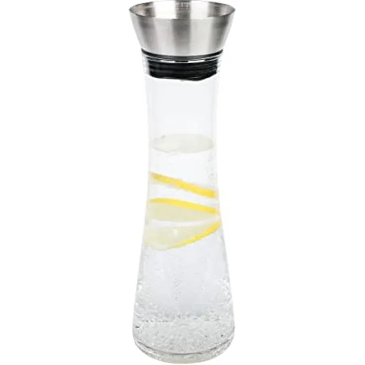 AXENTIA Glas-Glaskaraffe 1200 ml mit Edelstahldeckel, Ø 10 x H34 cm, Wasser Kanne mit präzisem Ausgießer, integriertes Sieb, Wasser Karaffe
