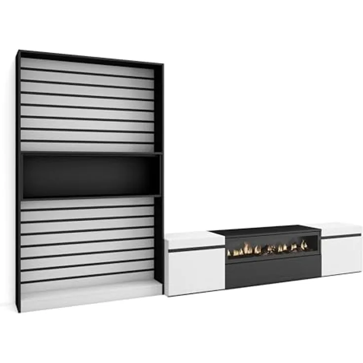 Skraut Home TV-Möbel | Esstisch-Set | 210 x 186 x 35 cm | für Fernseher bis 80 Zoll | elektrischer Kamin | moderner Stil | Schwarz und Weiß