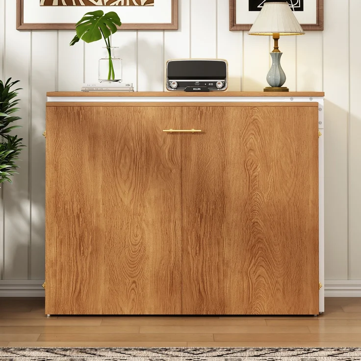 Klappbett mit drehbarem Schreibtisch und Matratze, platzsparendes Schrankbett mit Rollen, ideal für kleine Räume, Gästezimmer und Homeoffice – Bild 3