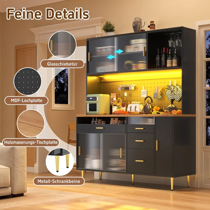 Sideboard 145x39x171 cm, schwarz, mit LED, Glasschiebetür, höhenverstellbaren Fächern – Bild 9