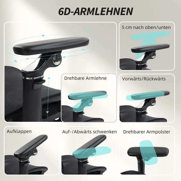 Bürostuhl Ergonomisch Schreibtischstuhl mit verstellbar Lenden- und Kopfstütze 6D-Klapparmlehnen Fußstütze Netz Schwarz--Schwarz--71x67x133cm--YOUDENOVA – Bild 7