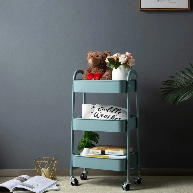Rollwagen Küchenwagen - 3-Etagen Metall Utility Cart mit Rädern - Grau Blau – Bild 8