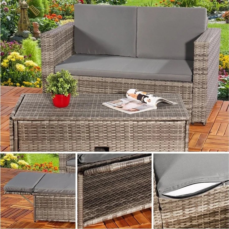 Feel2Home Gartenlounge-Set Polyrattan-Lounge mit Zweisitzer-Sofa und Ottomane mit Stauraum, (Set, 2-tlg, Sofa & Ottomane), Kissen inkl. Reißverschluss daher abnehm- und waschbar – Bild 2