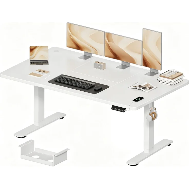 JUMMICO Höhenverstellbarer Schreibtisch 160x80 cm mit Kabelwanne & USB-A | Schreibtisch Höhenverstellbarer Elektrisch mit 18 mm Tischplatte, Sitz‑Erinnerung Computertisch,Wolkenweiß