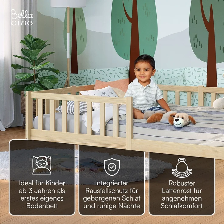 Bellabino 'Vere' Bodenbett 120x200 cm, natur, Massivholz Kiefer, Montessori Kinderbett mit Rausfallschutz und Lattenrost – Bild 3