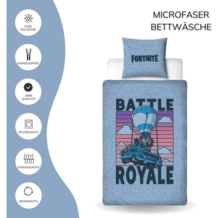 MTOnlinehandel Bettwäsche Fortnite Battle Royale, 135x200 + 80x80 cm, Geschenk für Gamer, 100% Polyester, 2 teilig, Wende-Motiv für Gamer • Battle Bus – Bild 2