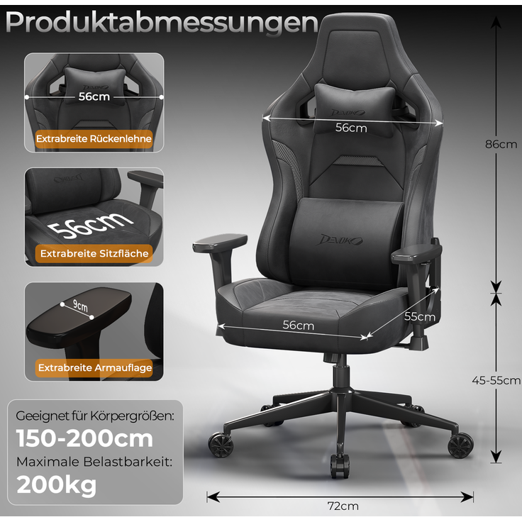 Gaming-Stuhl mit luxuriösem Wildlederimitat – ergonomisch, großzügige Sitzfläche, verstellbare Rückenlehne 90°–135°, 3D-Armlehnen,Schwarz – Bild 8