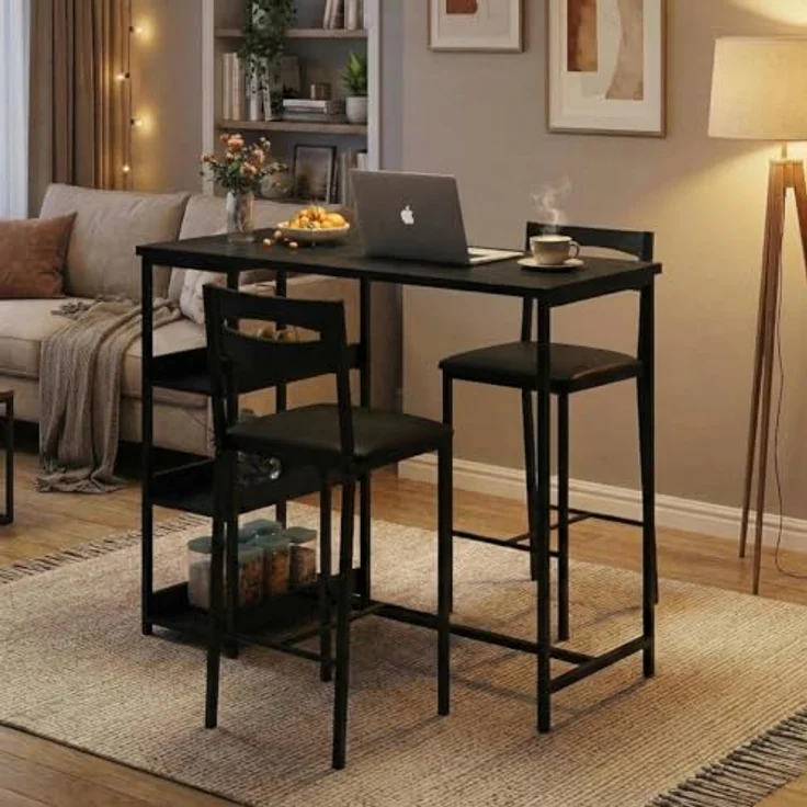 GarveeHome 3-Teiliges Esszimmer-Set Mit 2 Stühlen Und 1 Tisch, Platzsparender Esstisch Mit 3 Offenen Ablageflächen, Hoher Esszimmerstuhl Mit PU-Leder Sitzkissen, Für Esszimmer Und Wohnzimmer – Bild 1