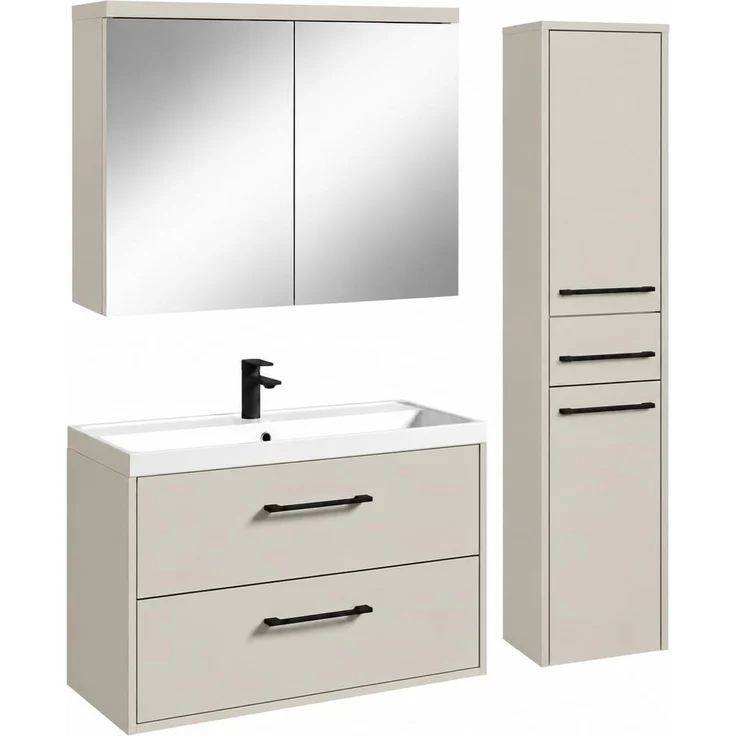 Badplaats Badmöbel-Set Florence 80 x 40 cm - Cashmere - mit Waschbecken, Spiegelschrank und Hochschrank – Bild 1