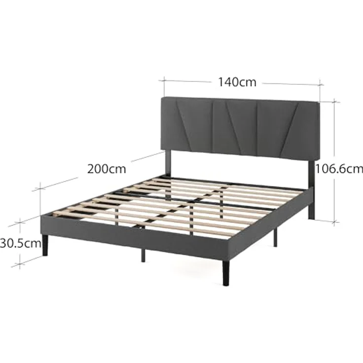 Zinus Maya Bett 140x200 cm - Höhe 30cm - Gepolstertes Bettgestell mit Kopfteil - Lattenrost aus Holz – Dunkelgrau – Bild 3