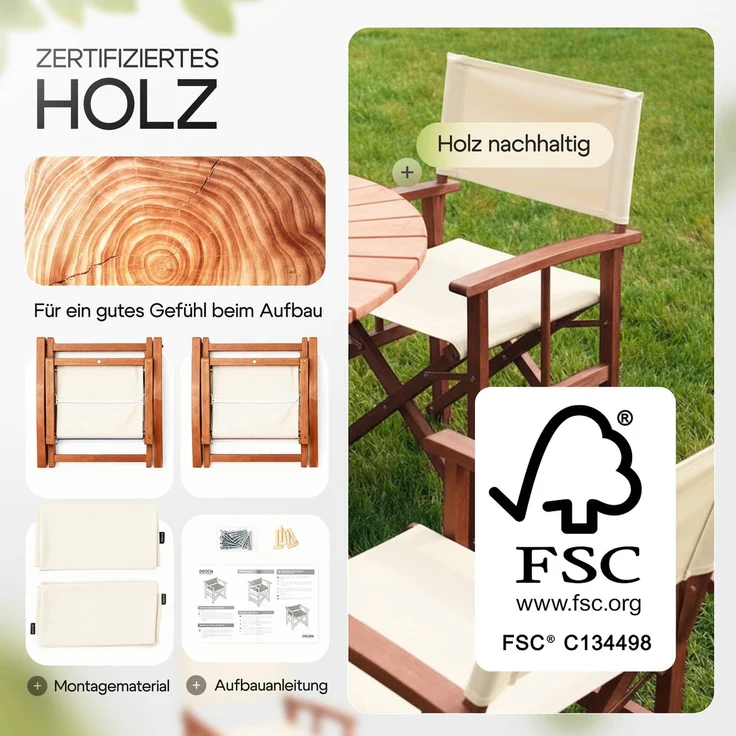 CASARIA® Regiestuhl aus FSC® Eukalyptusholz Antrhazit Creme – Bild 6